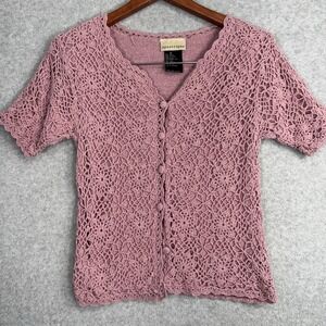 Apostrophe VTG Pink Crochet Knit Top Size S Silk Cotton Button Up Feminine Girly